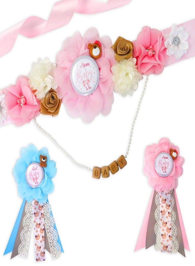 Blinket Pink Blue Bear Maternity Sash Corsage Set – Floral Baby Shower Sash with Mom to Be Pins Pearl BABY Letter Chain for Gender Reveal Party Decorations and Pregnancy Photoshoot - Image 1